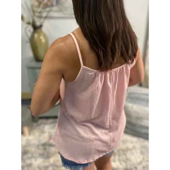 ❤️🔥Scoop Neck Spaghetti Strap Floaty Textured Tank Shirt Top Blush Pink 2322 - Picture 9 of 9